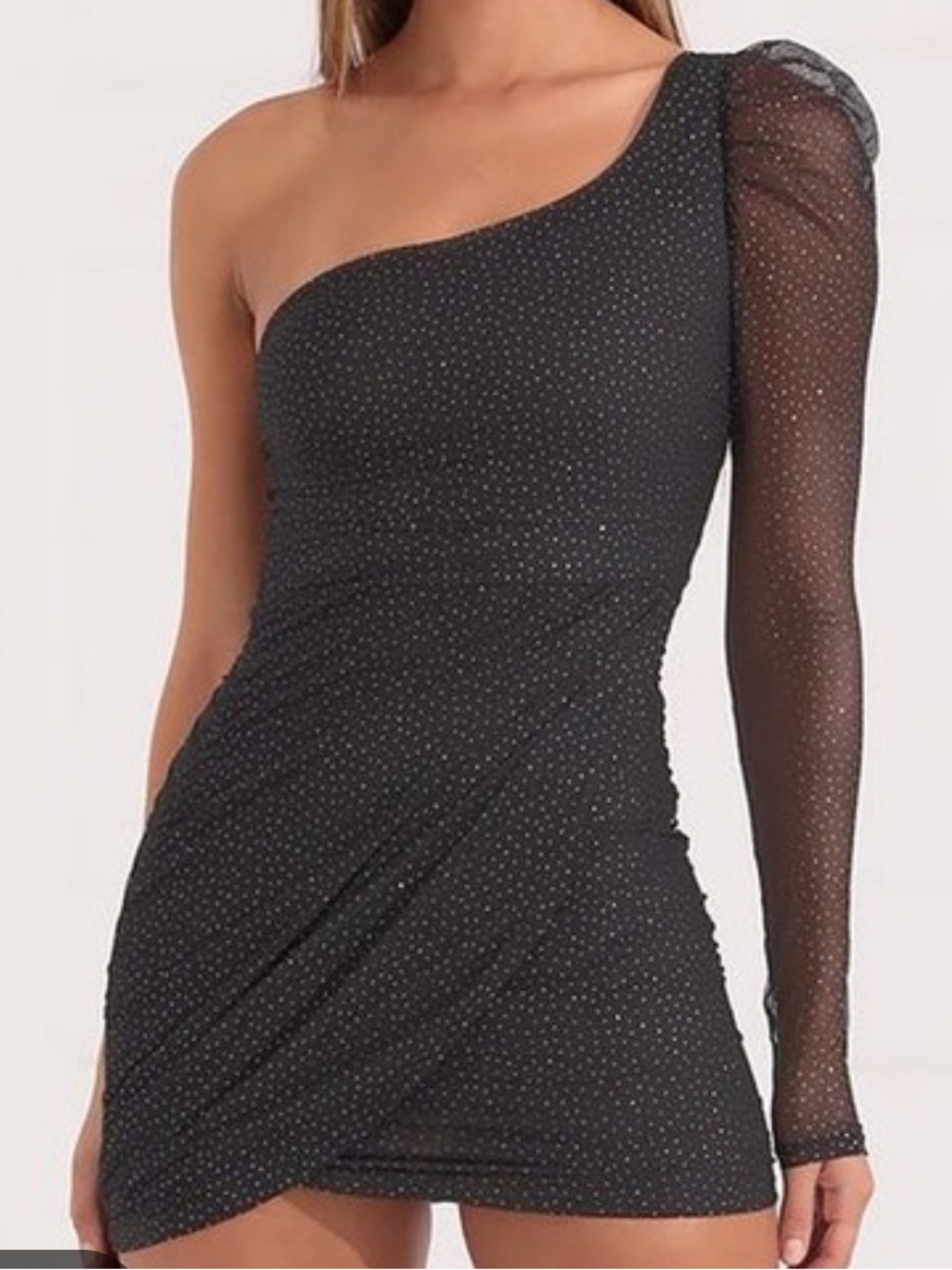 Lucy in the Sky Larissa puff sleeve mesh dress shimmer black silver size S
